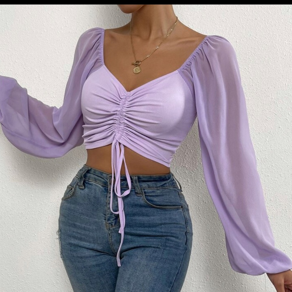 Drawstring Front Sheer Puff Sleeve Crop Top
